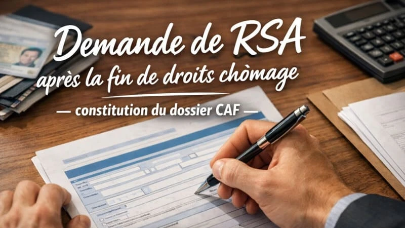 Demande de RSA après la fin de droits chômage — constitution du dossier CAF Mains remplissant un formulaire de demande de RSA avec stylo et pièces justificatives sur un bureau en bois