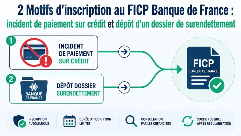 Les deux voies d'inscription au FICP : incident de paiement et surendettement Schéma des deux motifs d'inscription au FICP Banque de France : incident de paiement et dossier de surendettement