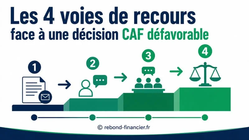 Schéma des 4 voies de recours CAF : réclamation, recours gracieux, médiation, tribunal