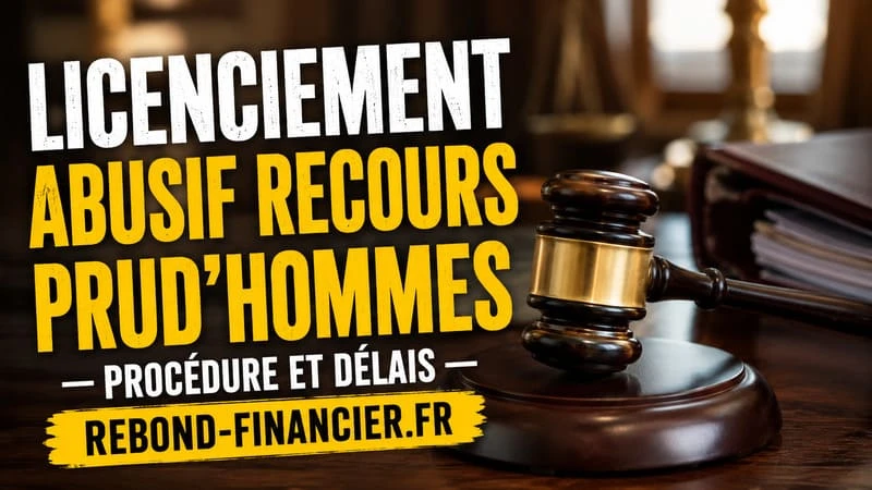 Licenciement abusif recours prud'hommes — procédure et délais 2026 Marteau de justice et dossier de recours prud'homal pour un licenciement abusif