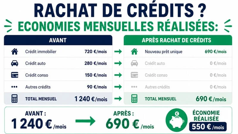 Exemple chiffré de rachat de crédits : économies mensuelles réalisées Simulation rachat de crédits - tableau comparatif avant après mensualités