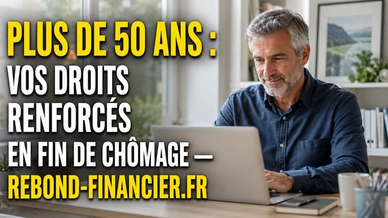 Aides spécifiques pour les chômeurs seniors de plus de 50 ans en fin de droits ARE Homme d'une cinquantaine d'années aux cheveux grisonnants, calme et déterminé, devant un ordinateur portable dans un bureau lumineux