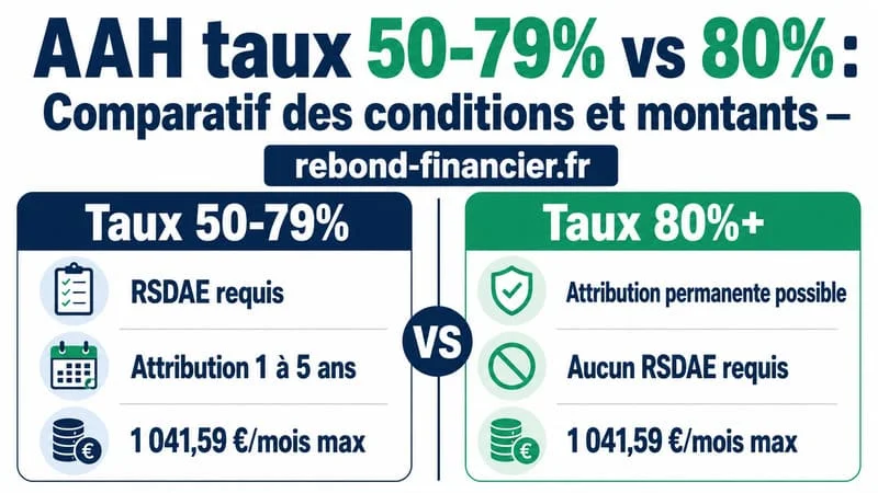 Tableau comparatif AAH taux incapacité 50-79% versus 80% et plus conditions 2026
