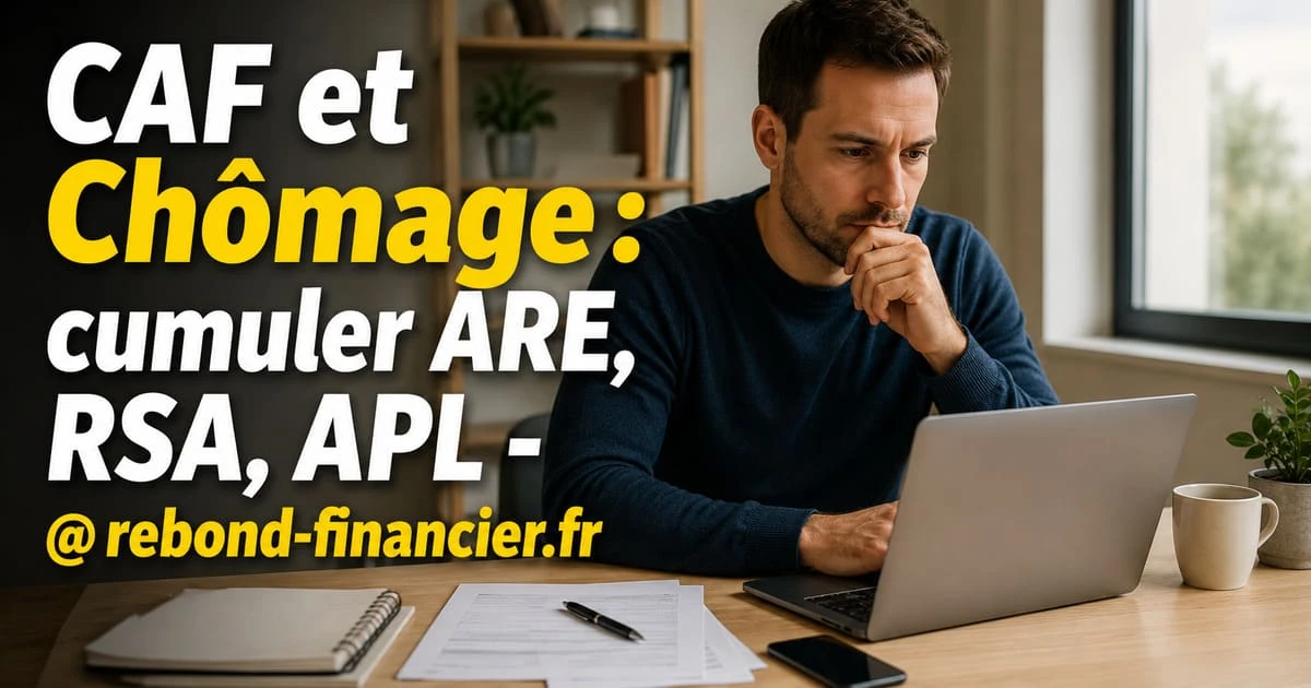 CAF et chômage : cumuler ARE, RSA, APL en 2026 — guide complet Personne en situation de chômage vérifiant ses droits CAF sur un ordinateur