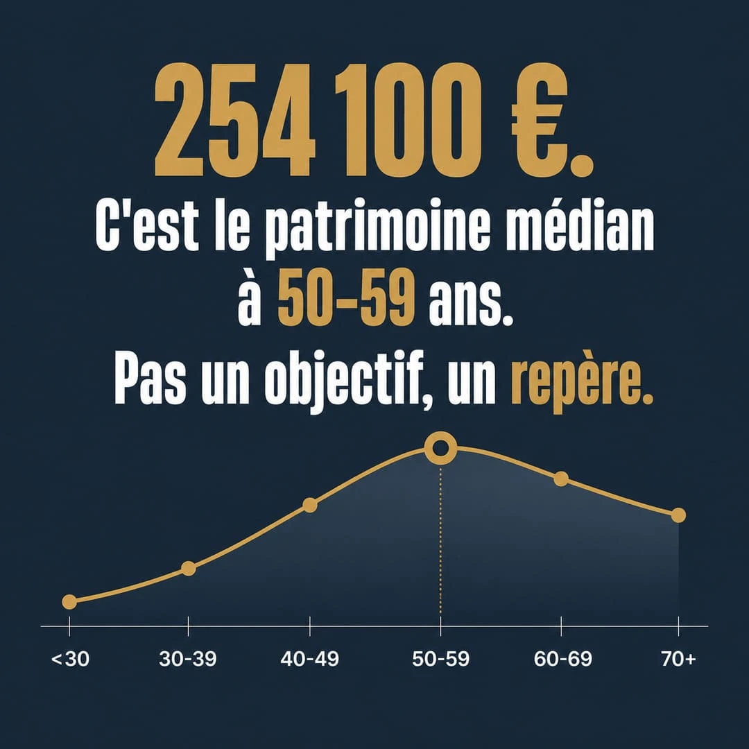 Le pic du patrimoine français se situe entre 50 et 59 ans Citation carrée : patrimoine médian 254100 euros à 50-59 ans en France