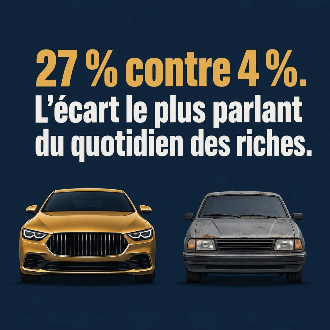 L'écart d'achat automobile entre riches et pauvres en France Citation carrée : 27 pourcent des riches achètent une voiture neuve contre 4 pourcent des pauvres