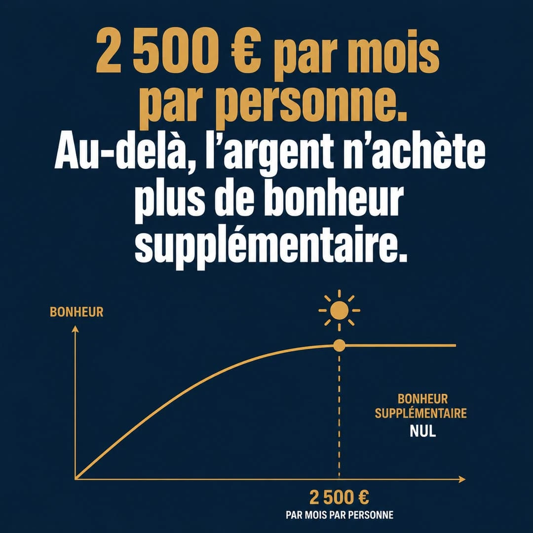 Le seuil de bonheur selon l'Insee, 2500 euros par mois Citation carrée : seuil de bonheur 2500 euros par mois par personne en France selon l'Insee